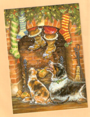 Border Collie Cat Santa Claus Chimney Stockings Christmas Cards Box of 16 USA
