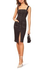 REFORMATION Black White Topstitching Button Down Roxanna Denim Midi Dress 2 = XS