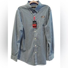 Chaps Stretch Easy Care Long Sleeve Button Down Shirt Green White Plaid Medium