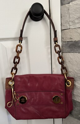 Milly Sophia Leather Shoulder Bag Berry Goldtone Tortoise Chain Purse Purple Red