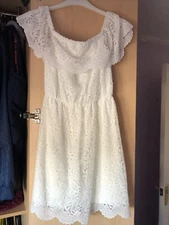 Size 10 Miss selfridge Ivory short dress lace overlay fully lined. Excellent Con