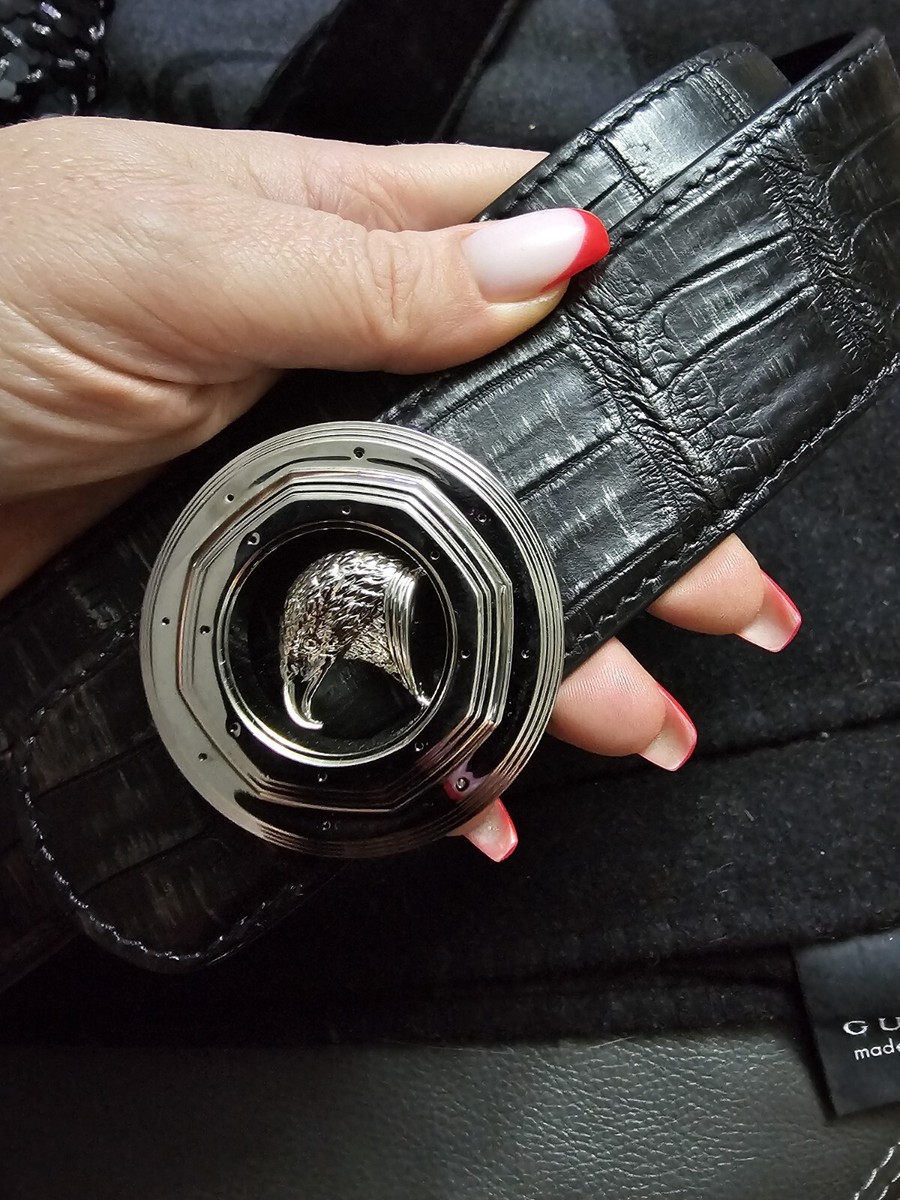 STEFANO RICCI Black Crocodile Leather with Eagle Silver Buckle