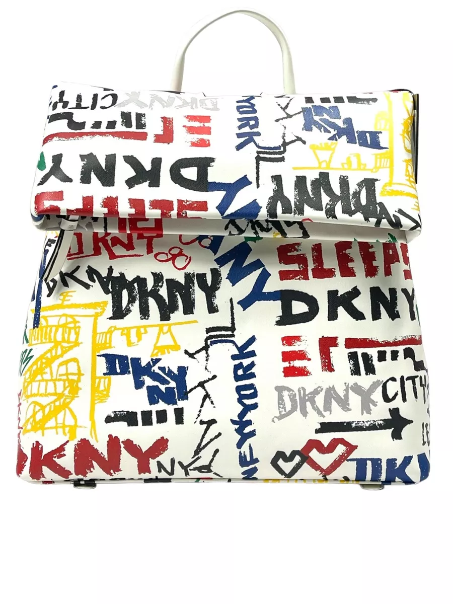 DKNY Graffiti Backpack Bag Tilly Fold over White Multi Color MSRP