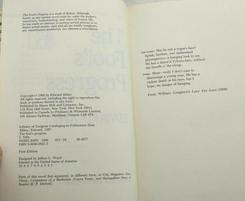 THE FOOL'S PROGRESS - Edward Abbey - 1st Printing- SIGNED!- Hardcover - Picture 3 of 3