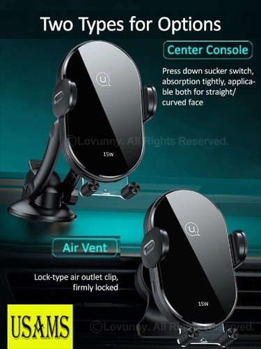 USAMS 15W Wireless Charging Car Charger Phone Holder Air Vent Dash Mount Cradle - Picture 2 of 25
