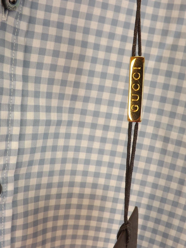 NWT GUCCI TOPAZ PLAID SOFT VICHY COTTON BUTTON SLIM DRESS SHIRT 18 46 #307648 - Image 3 of 4