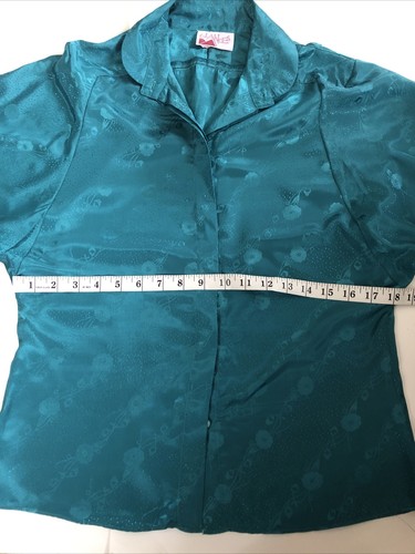 Vtg 80s Emerald Green Floral Blouse Shirt Secretary SILKY 8 S M Geek Retro Vibe - Picture 5 of 10