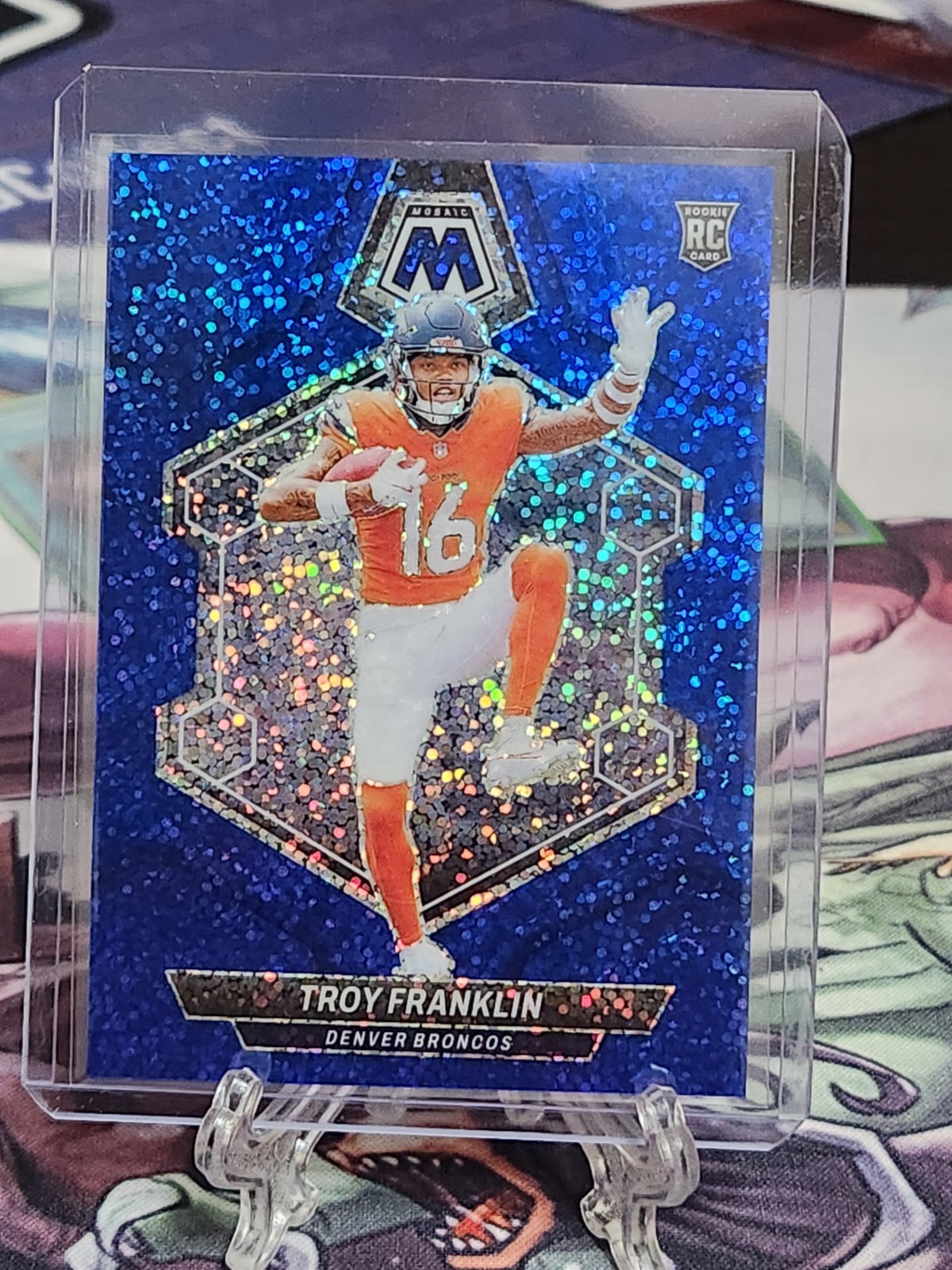2024 Panini Mosaic Troy Franklin Blue Sparkle #378 /96 Broncos RC Prizm