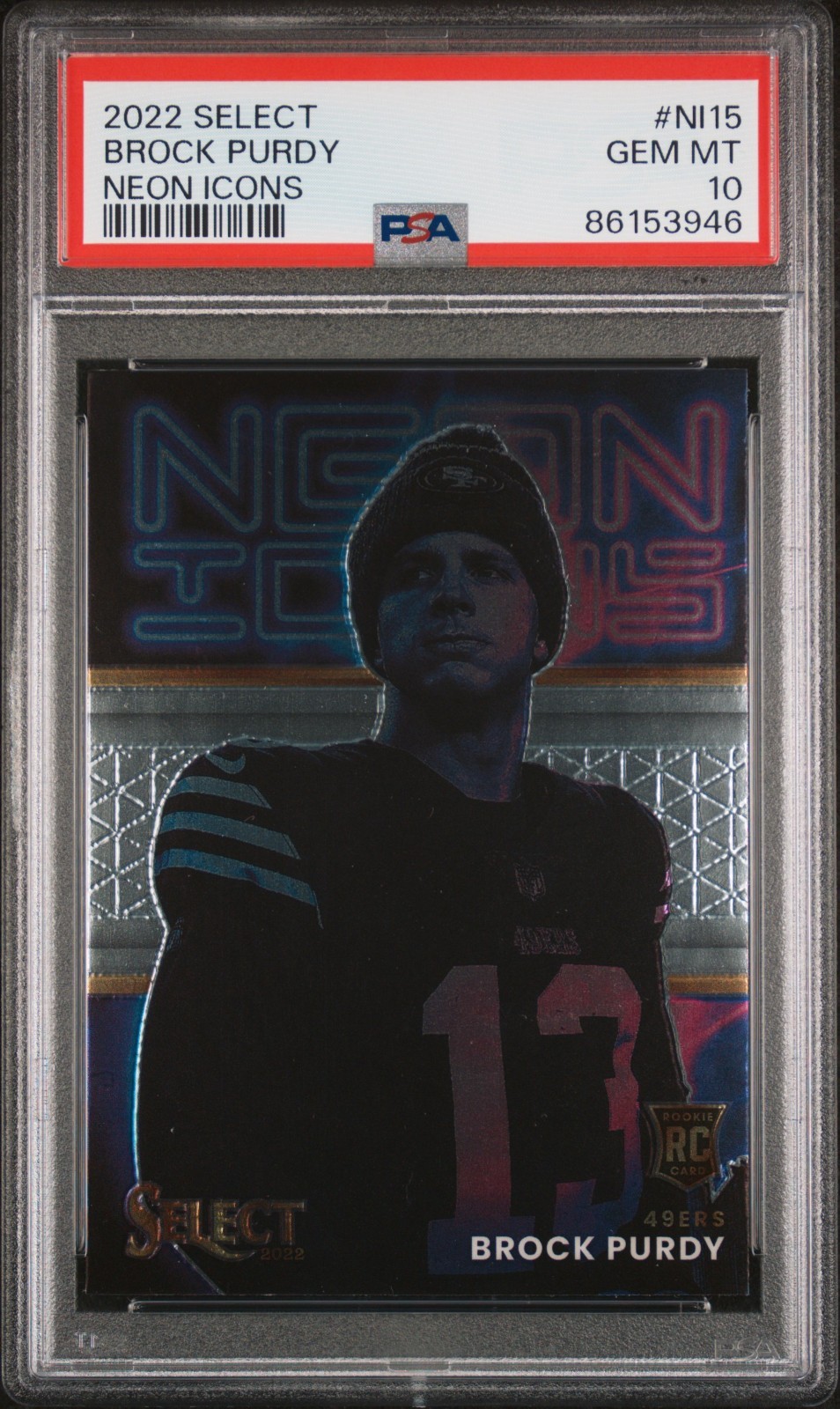 2022 PANINI SELECT BROCK PURDY #NI15, NEON ICONS PSA 10