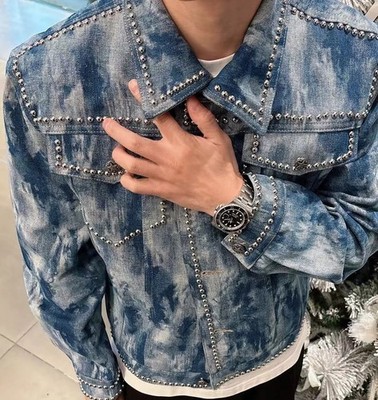 Men's Studded Tie-Dye Denim Jacket Punk Rock Rivet Loose Fit Streetwear Coat