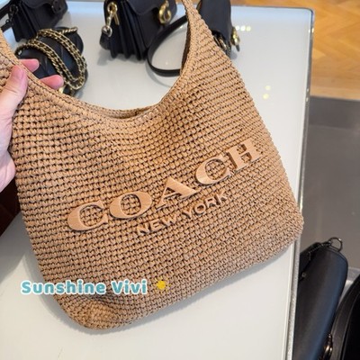 NWT COACH Brooklyn 28 Straw Shoulder Bag CDU75 Handbag Brass