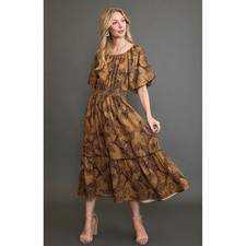 NWT Umgee World Map Print Puff Sleeve Smocked Midi Dress Large Boho Prairie