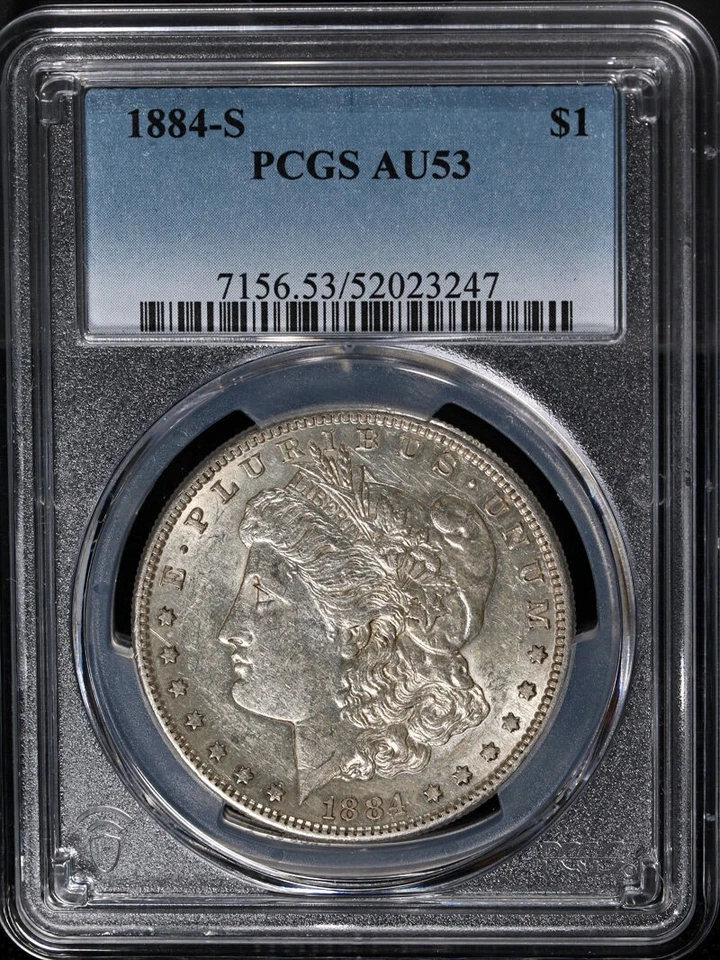 Dólar de plata Morgan 1884-S graduación profesional AU53 bonito atractivo visual fuerte golpe Foto 3 de 4