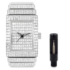 Men's Fully Iced Out Rectangle Watch, 40mm Case - Silver Baguette Dial