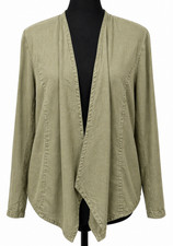 Chico's Womens Draped Front Jacket Size 2 Green 3/4 Sleeve Lace Panel Linen