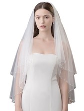 Pearl Edge Wedding Veil 2 Tier Beaded Bridal Veils Fingertip Length White Vei...