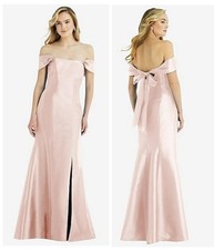Alfred Sung Off-the-Shoulder Bow Back Satin Trumpet Gown Blush Satin Size 6 D793