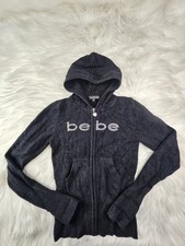 Bebe Full Zip Hoodie Women  s M Black  Rhinestone Nylon Ribbed Y2K Sweater