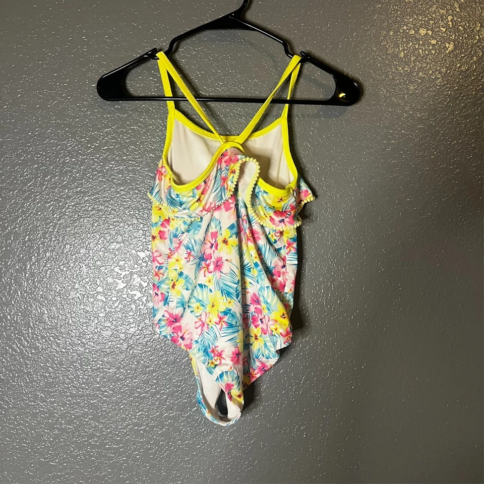 Traje de baño floral de una pieza para niñas - Traje de baño estampado tropical con ribete amarillo Foto 3 de 4