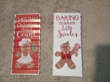 2 Christmas Gingerbread Metal Baking Hanging Wall Sign Red White Decorations