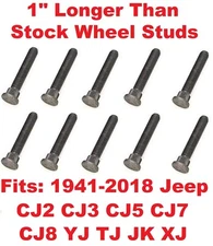 (SET 10 STUDS)  1" Longer Than Stock Wheel Bolts for 1941-2018 Jeep CJ YJ XJ TJ