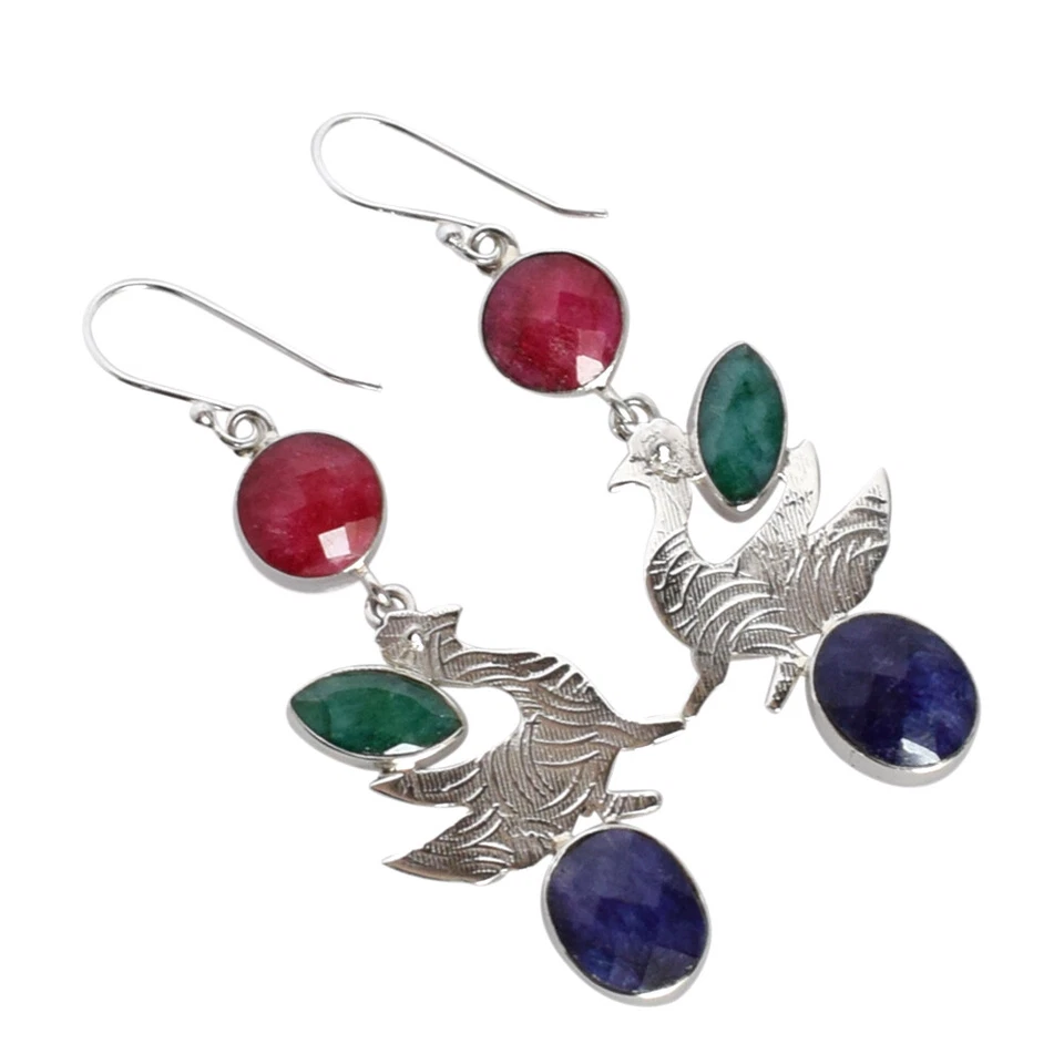 Laboratorio Creado Rubí Esmeralda Zafiro 925 Plata PAVO REAL Pendientes Colga... - Imagen 2 de 4