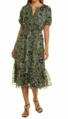 Walter Baker Size M Womens Dress Irina Green Floral Split Neck Short Sleeve NWT
