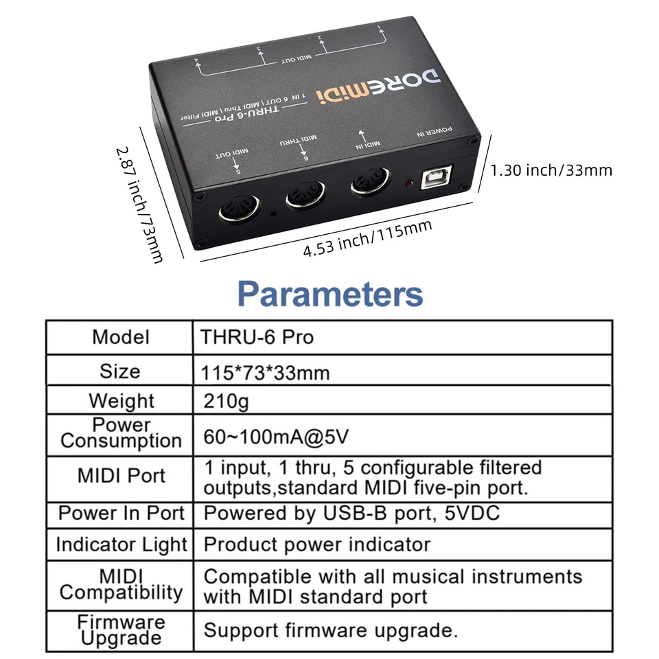 DOREMiDi THRU-6 Pro Midi Box 1-in 6-out Midi Splitter Konverter Midi Interface - Bild 2 von 4
