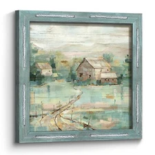 Farm Framed Wooden Wall Art: Rustic Barn Picture Country Rural Scene Painting...
