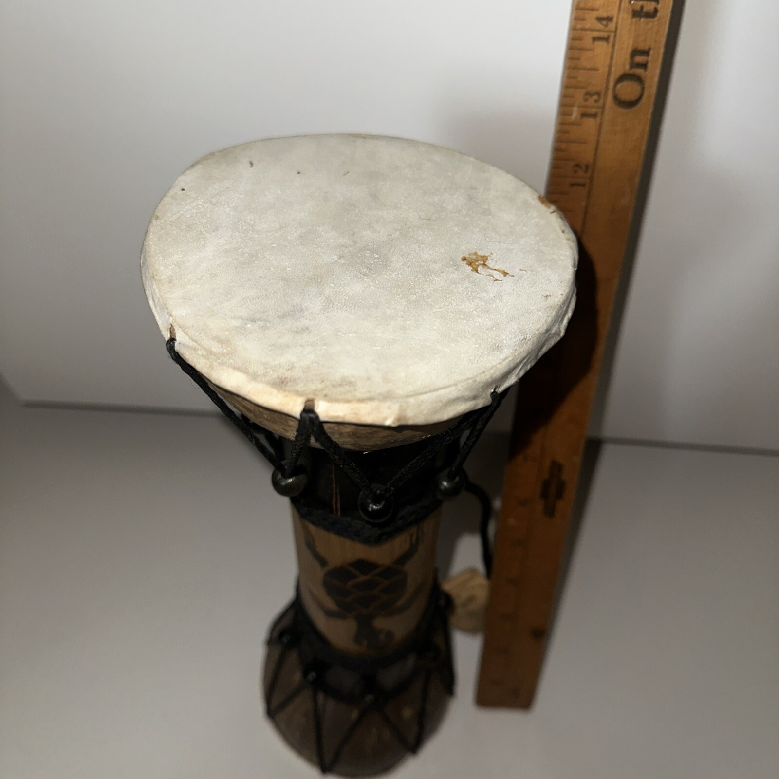 Tribal Djembe Drum Coconut Bamboo with Carved Sea Turtle Design 13” Tall Two End