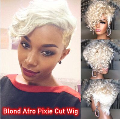 Short Honey Blond Afro Loose Curly Pixie Cut Wigs Synthetic Hair None Lace Wigs