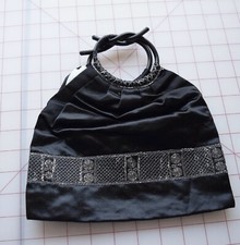 7265 Antique 1920's black evening purse, Bakelite handles, silver thread