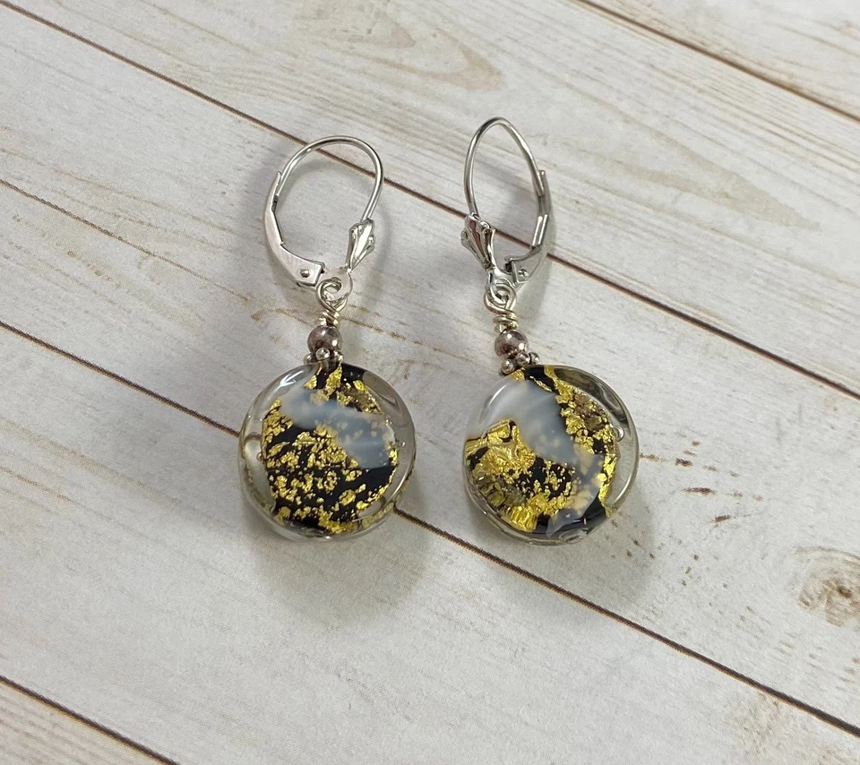 925 Earrings Gold Fleck Confetti Glass Earrings Round Dangle Leverback - Image 2 of 4
