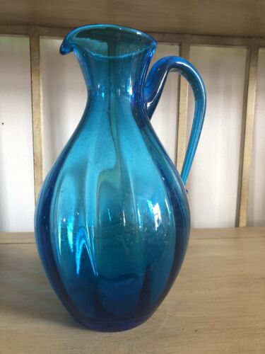 1950s MCM Blenko Glass Blue/Turquoise Pitcher lots of bubbles 10.5" Tall C1 - Picture 1 of 17