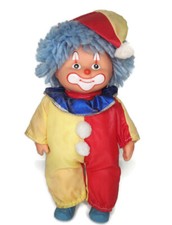 Smiling Clown Doll Cloth with Vinyl Face Blue Yarn Hair Hat 10 inches Vintage