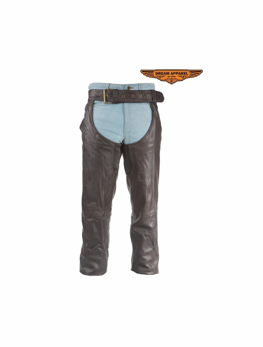 Men's Motorcycle Brown Leather Chaps with Zipper Runs on Side and