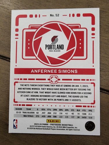 Anfernee Simons 2023-24 Photogenic #52 DIAMOND /75 - Picture 2 of 2