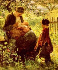 Oil painting Evert Pieters - in the orchard young mother & baby child in garden