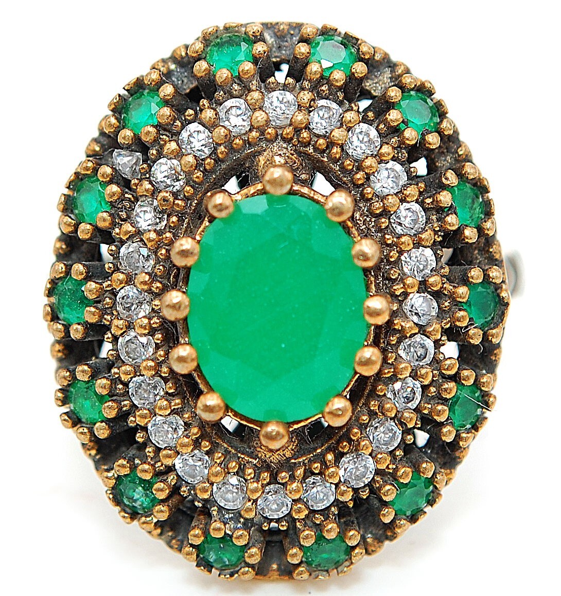 12CT Treated Emerald Ottoman Empire Style 925 Sterling Silver Ring Size 8 HB3-6