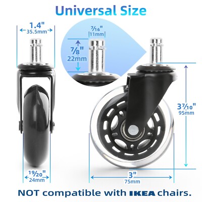 Set Of 5 Heavy Duty Office Chair Wheels - 3 Inch Rubber Swivel Casters, Replacement Chair Casters, 650 Lb Capacity - View #5