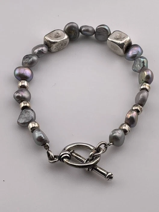 PULSERA PLATA ESTERLINA 925 GRIS PERLA Y CUENTAS PLATA 7.5" INFORMAL ELEGANTE 2535 Foto 4 de 4