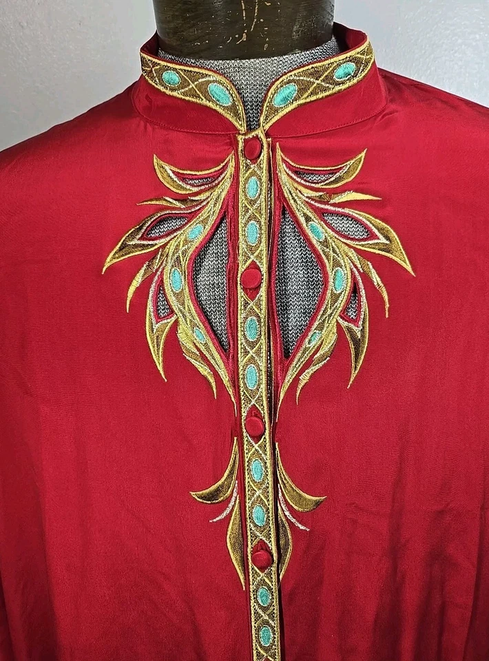 Blusa Bob Mackie Usable Art Mujer 1X Roja Seda Bordada Cerradura Manga 3/4 Foto 2 de 4