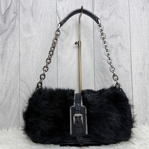 Longchamp Fur Embossed Leather Chain Shoulder Bag Black Women's Used