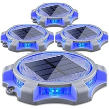 Solar Deck Lights Outdoor 2 Modes LED Driveway Dock Light, 4 Pack (Blue/Red)