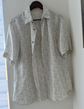 Dior Men s White/Gray Logo Pattern Silk Short Sleeve Button-Up Shirt 42