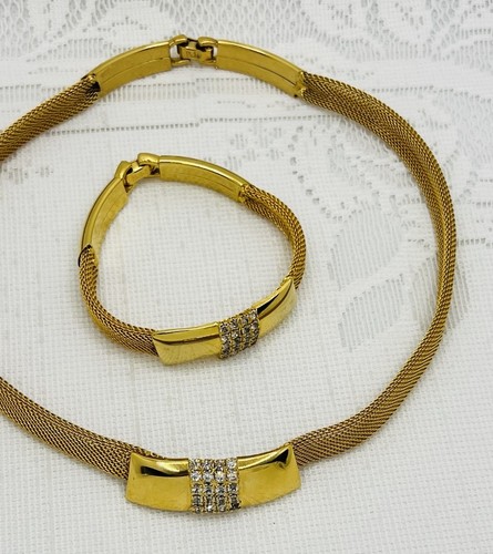Vintage signierte Hobe goldfarbene Mesh Halskette & Armband mit Strasssteinen besetzt - Bild 3 von 7
