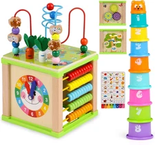 Wooden Activity Cube,Montessori Toys Gift Set for 12+ Months Boys & Girls,Educat