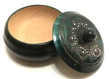 Vintage Hand Carved Wood Round Jewelry Trinket Box With Lid Made In Poland Teal