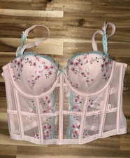 Victoria's Secret 34C Floral Mesh Overbust Bustier Corset Underwire Boned