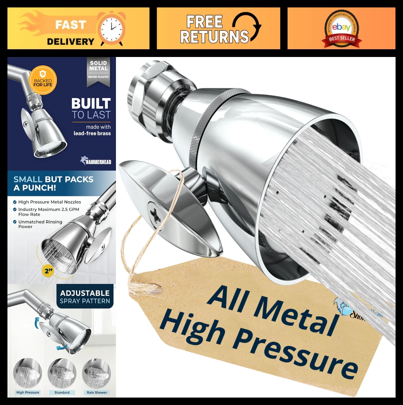 High Pressure 2 Inch Chrome Shower Head - 2.5 GPM Adjustable Spray High Flow
